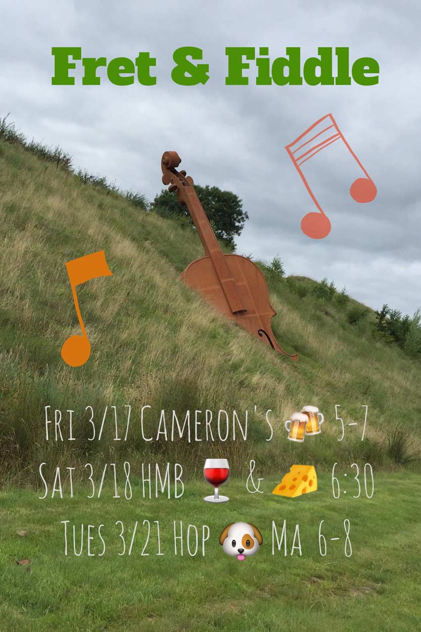 Fret and Fiddle show poster Mar 2017 Camerons, HMB Wine Cheese, Hop Dogma